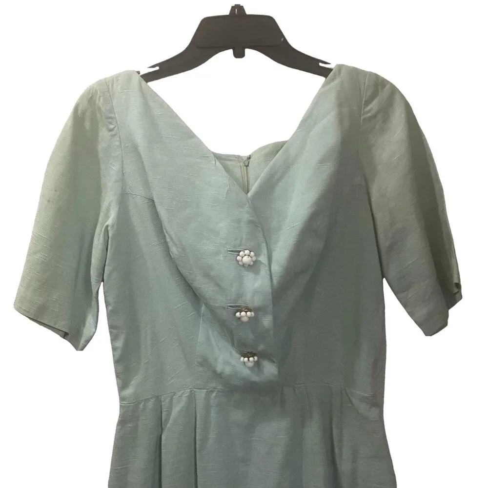 VINTAGE 1950s Josie Shield Mint Green‎ Shantung Fit & Flare Dress Midcentury S - Picture 6 of 15